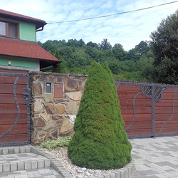 Hand-forged gate and fence with wooden filling at the family house