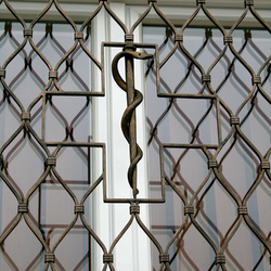 Ručne vykutý had na palici uprostred kovanej okennej mreže