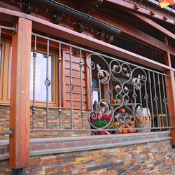 Wrought iron railings in combination with wood at the entrance to a hight-class hotel