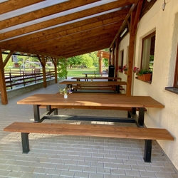 Garden benches and tables on the café terrace by the pond Garden benches and tables on the café terrace by the pond